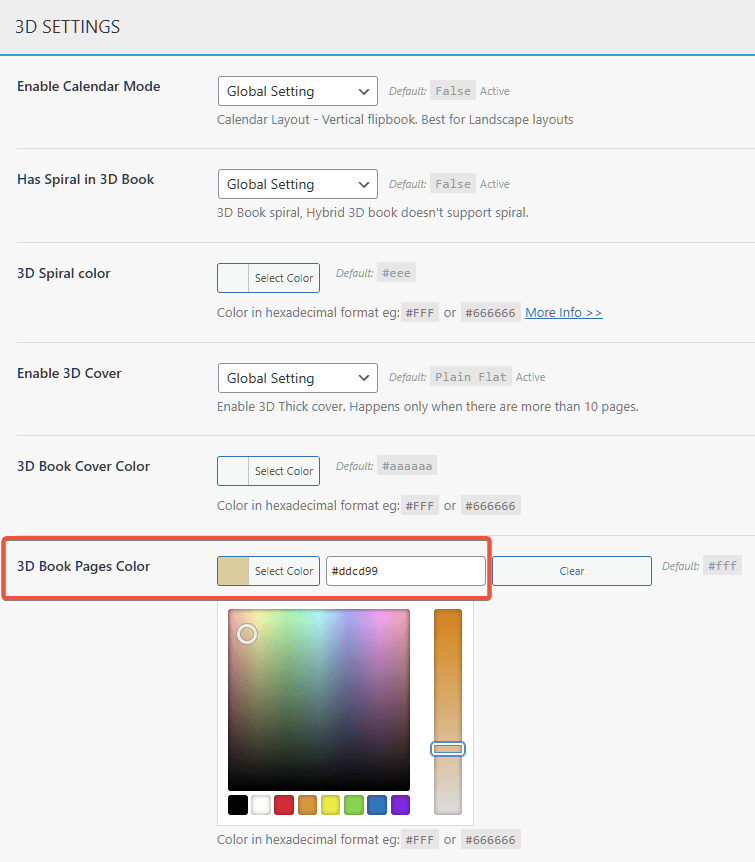 3D Book Pages Color Settings Preview